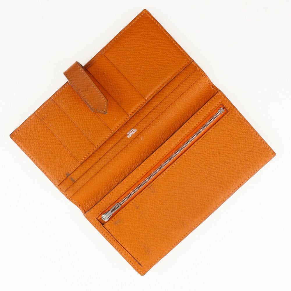 Hermes Bearn Leather Long Wallet Orange