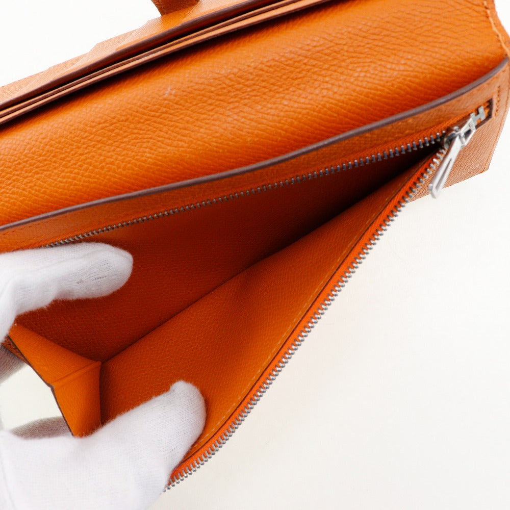 Hermes Bearn Leather Long Wallet Orange