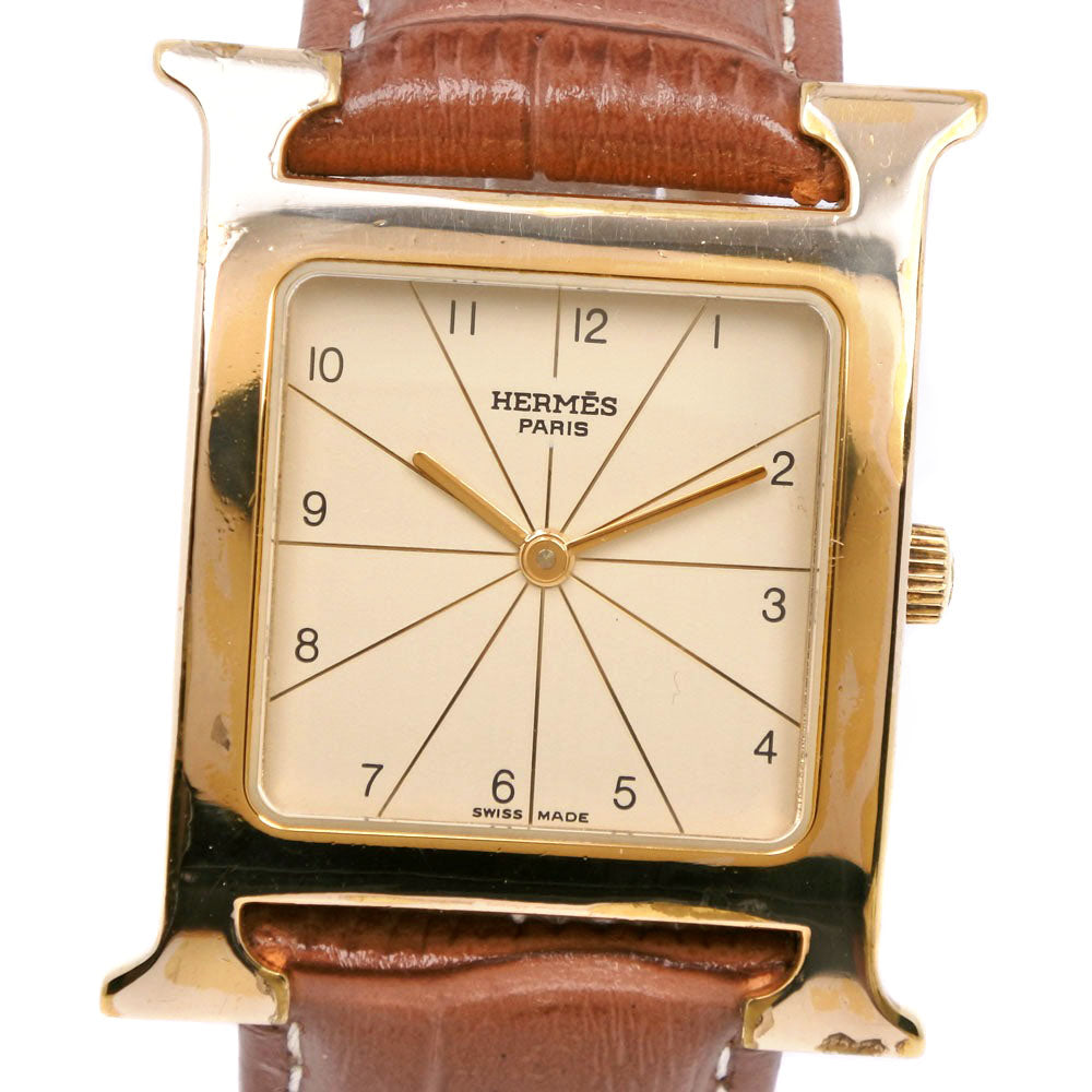 Hermes H Watch Stainless Steel Gold Plated Leather Quartz