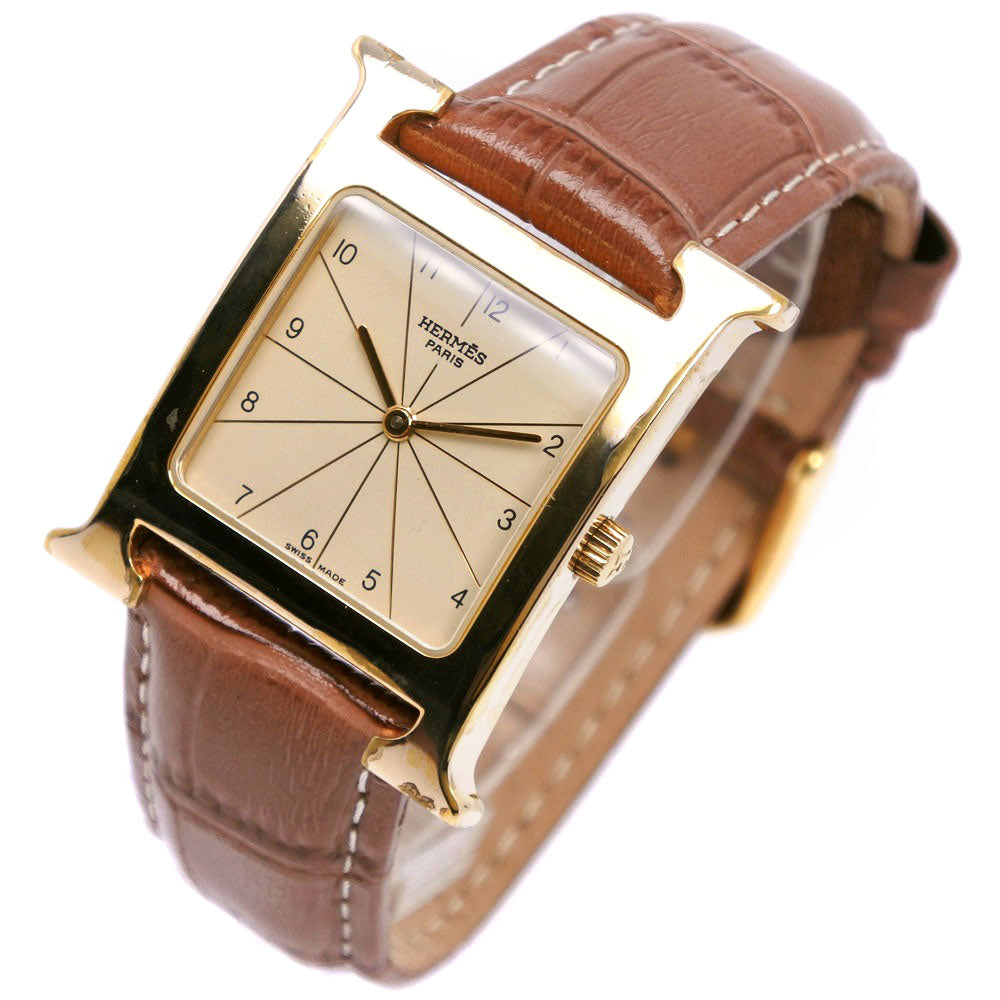 Hermes H Watch Stainless Steel Gold Plated Leather Quartz