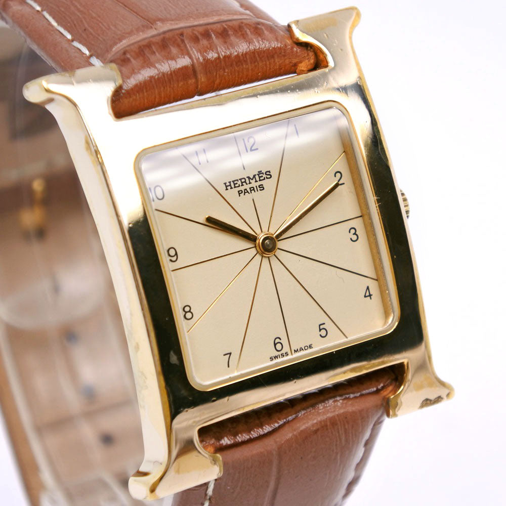 Hermes H Watch Stainless Steel Gold Plated Leather Quartz