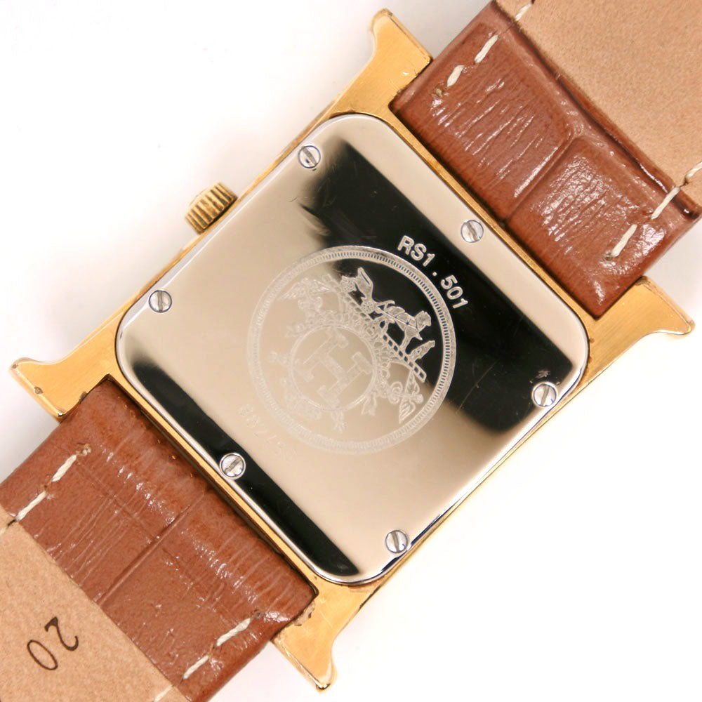 Hermes H Watch Stainless Steel Gold Plated Leather Quartz