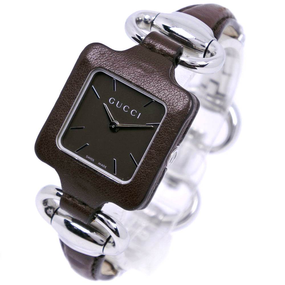 Gucci  Gucci Men's Wristwatch with Square Face YA130.5, Stainless Steel with Leather, Silver Quartz, Analog Display, Brown Dial, Made in Switzerland [Pre-owned] Metal Quartz YA130.5 in Good condition