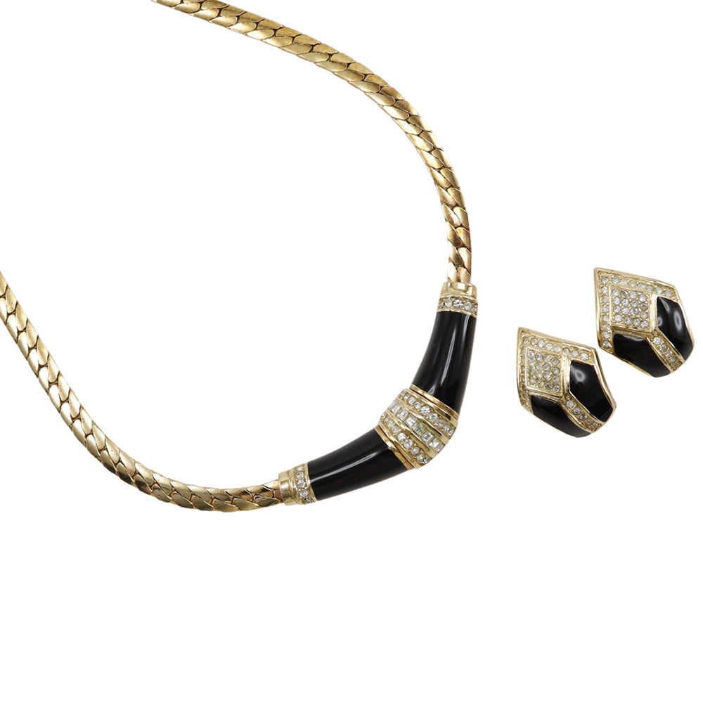 Dior Gold Plated Rhinestone Earrings Necklace Set