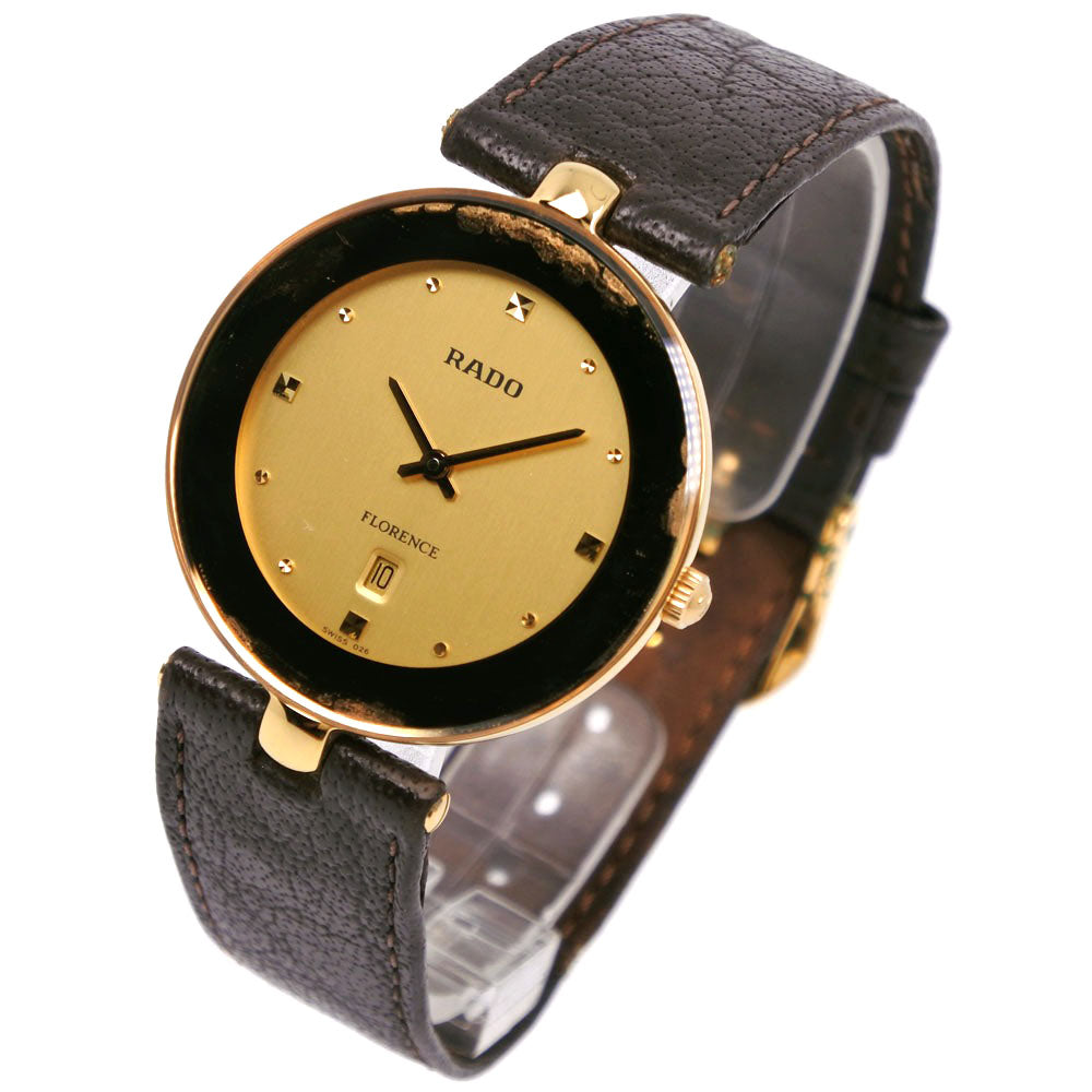 Rado Florence 160.3677.2 Men's Wristwatch - Gold Plated x Leather, Swiss-Made, Brown, Quartz, Analog Display, Gold Dial [Used, B-Rank] 160.3677.2