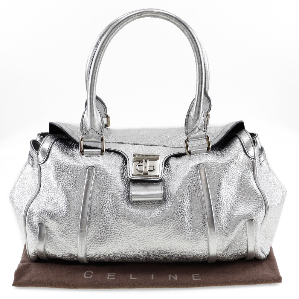 Celine Logo Plate Calf Handbag Silver