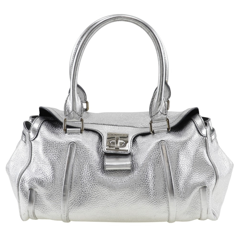 Celine Logo Plate Calf Handbag Silver