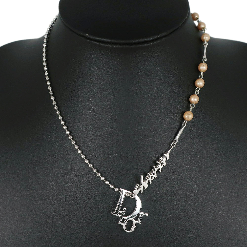 Dior Logo Necklace Metal Faux Pearl Silver