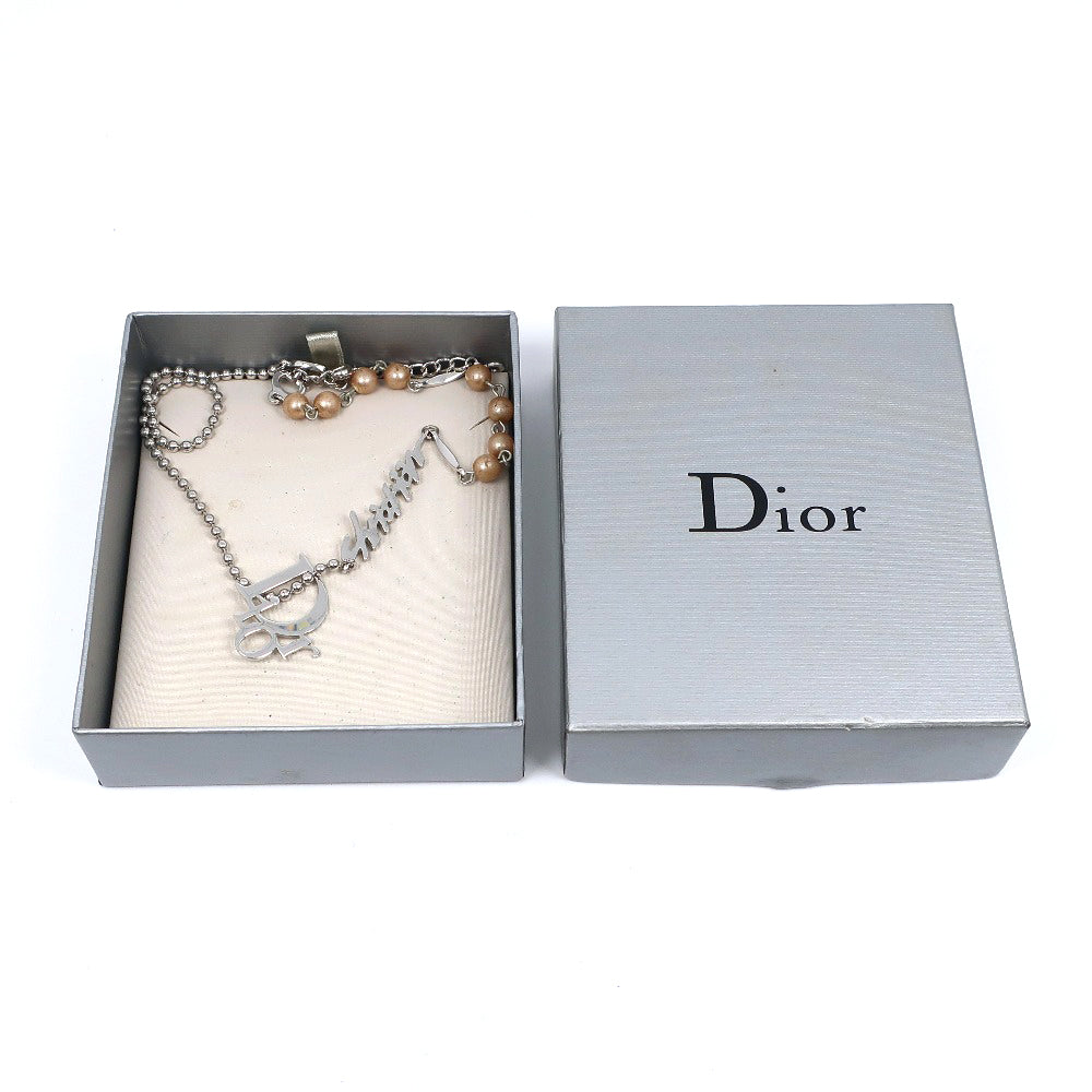 Dior Logo Necklace Metal Faux Pearl Silver