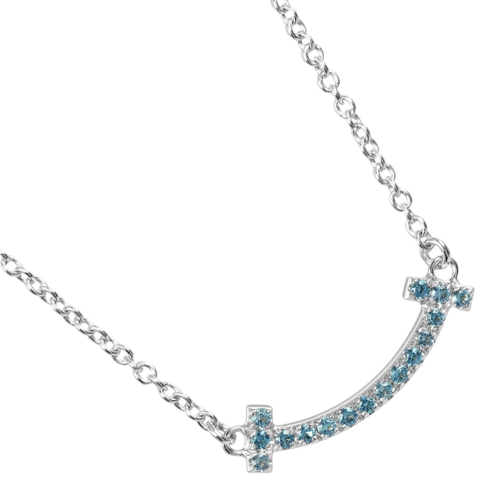 Tiffany & Co T Smile Mini Necklace K18 White Gold Blue Topaz