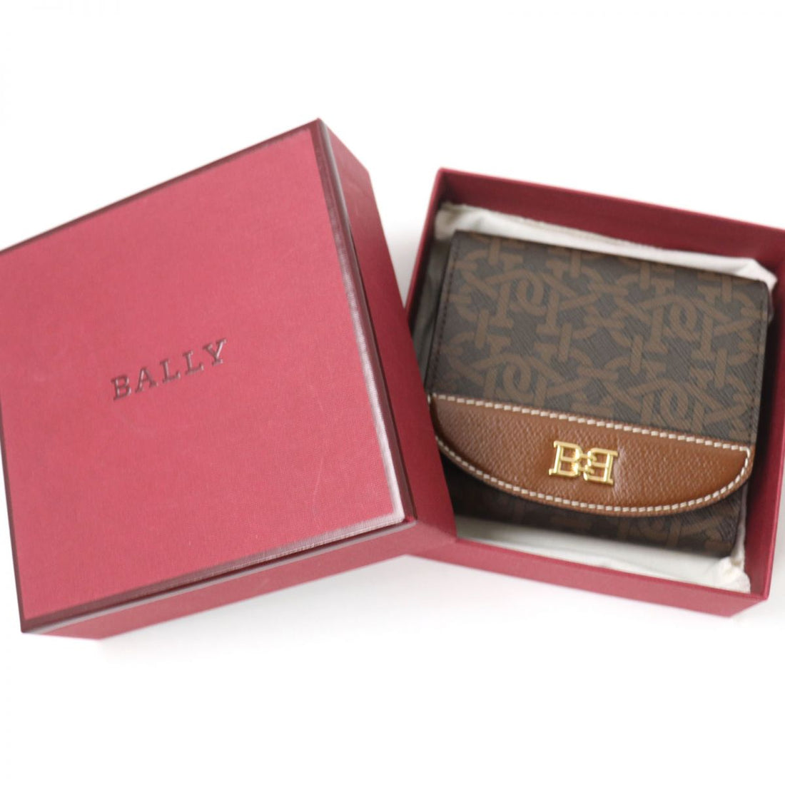 Bally B-chain Tri-fold Leather Wallet Brown