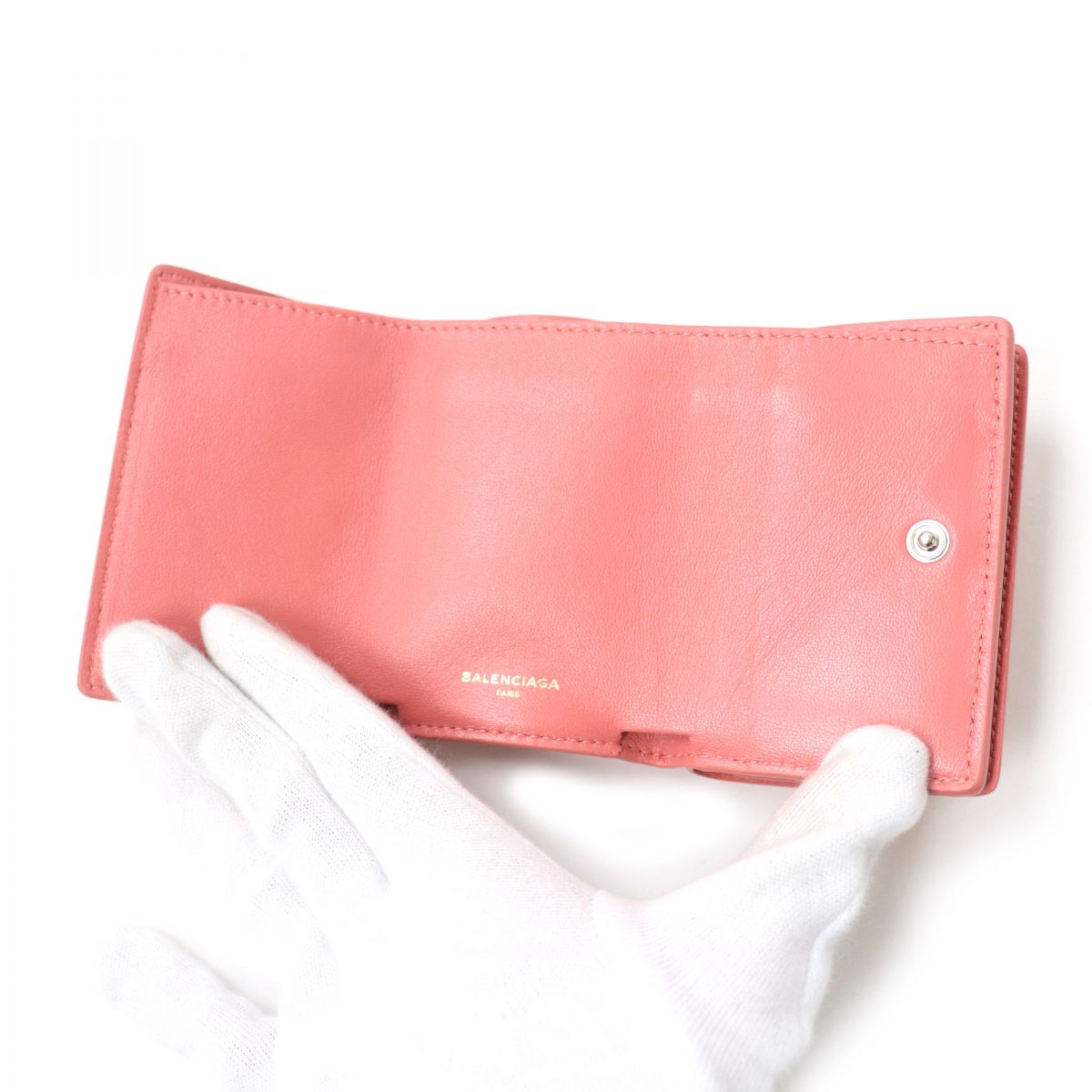 Balenciaga Leather Tri-fold Compact Wallet Coral Pink