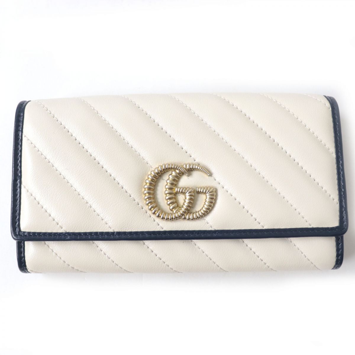 Gucci GG Marmont Leather Long Wallet Ivory Navy