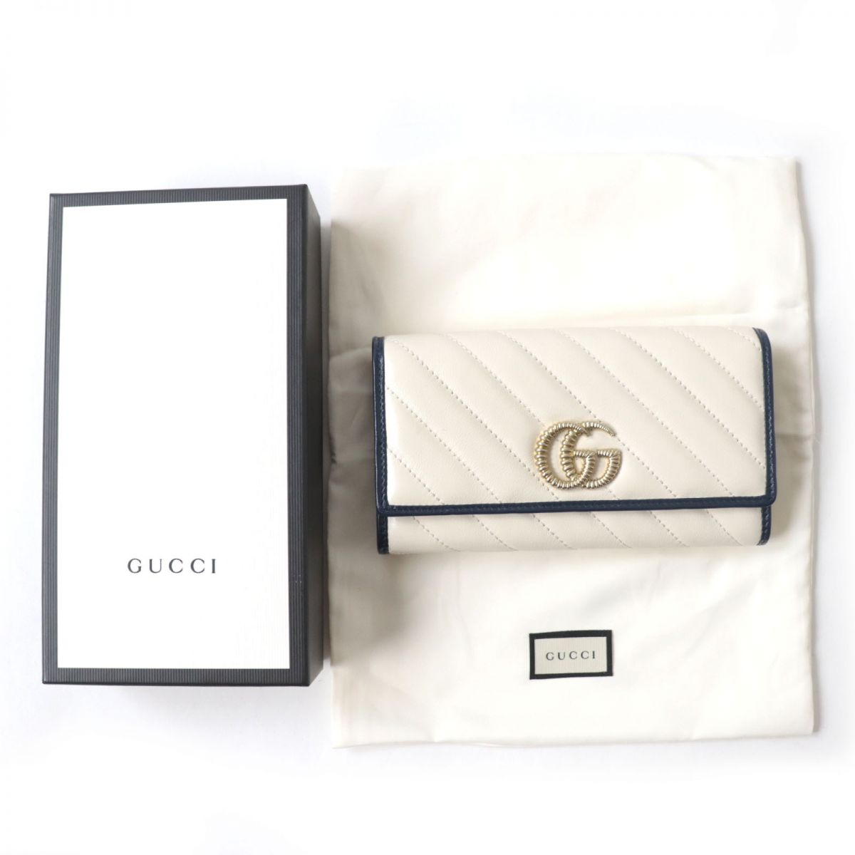 Gucci GG Marmont Leather Long Wallet Ivory Navy