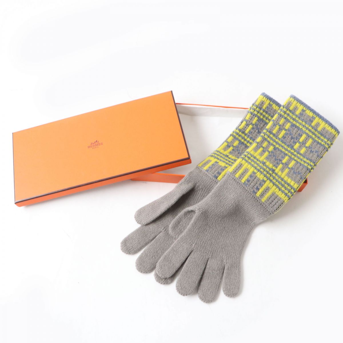 Hermes Cashmere Knit Gloves Women Gray Yellow