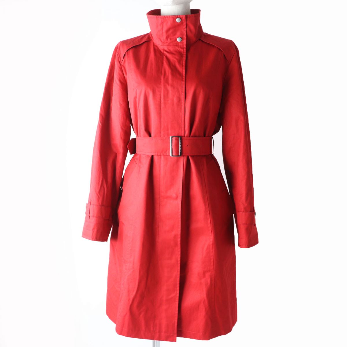 Burberry Red Cotton Coat, Checked Lining, Belted