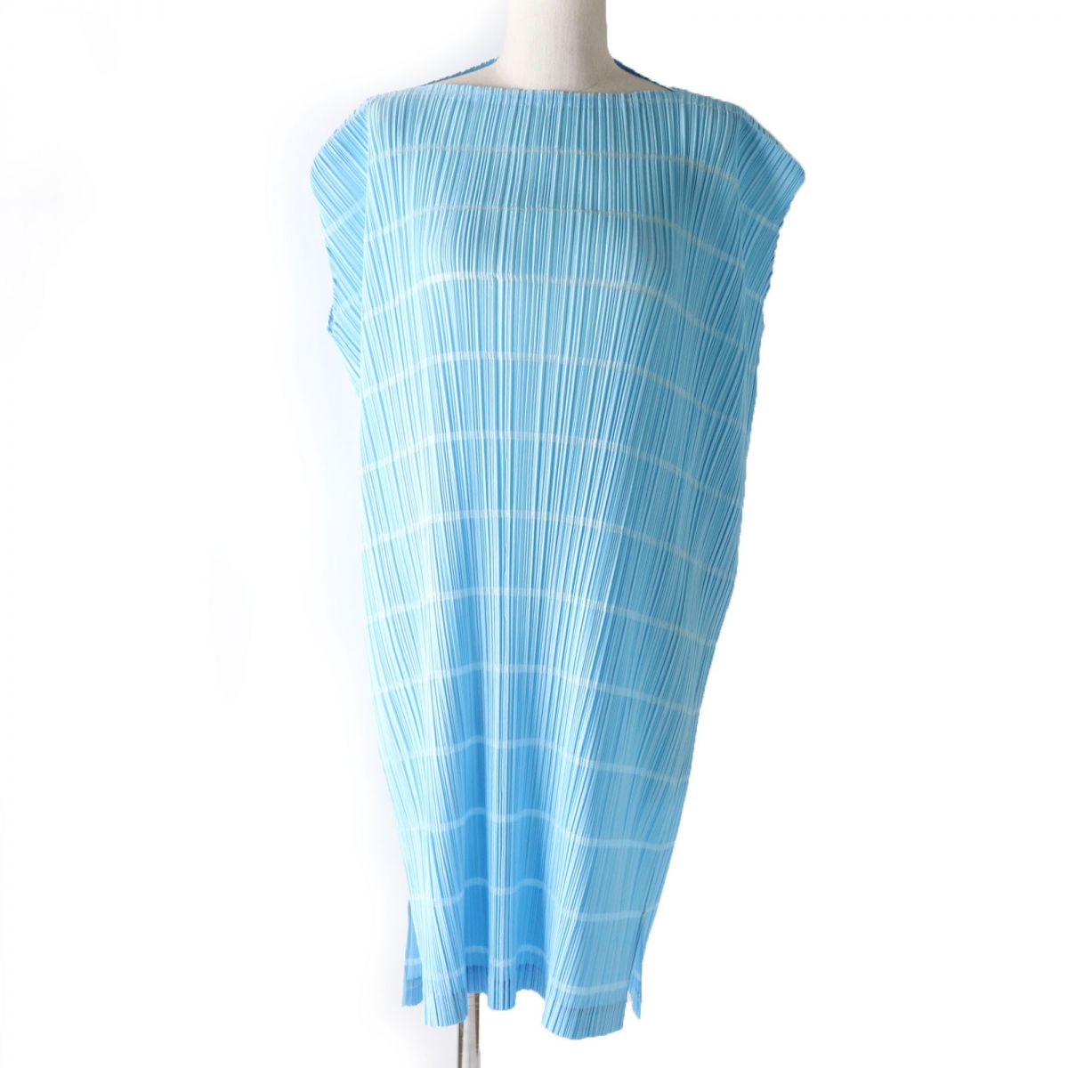 Issey Miyake Pleated Boat Neck Dress Light Blue