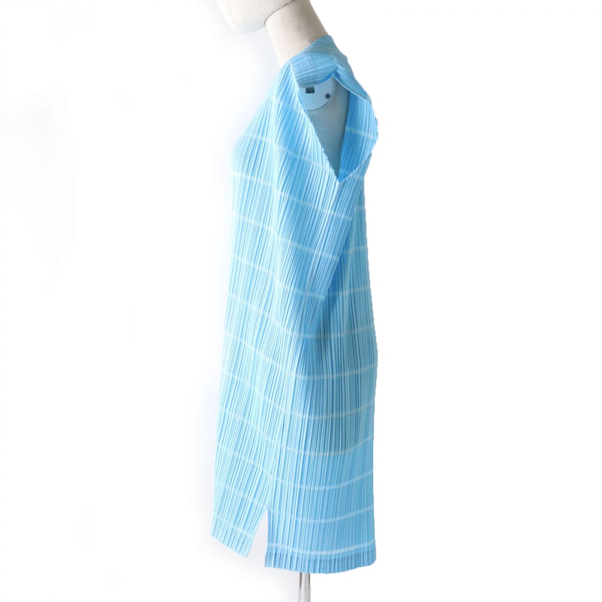 Issey Miyake Pleated Boat Neck Dress Light Blue