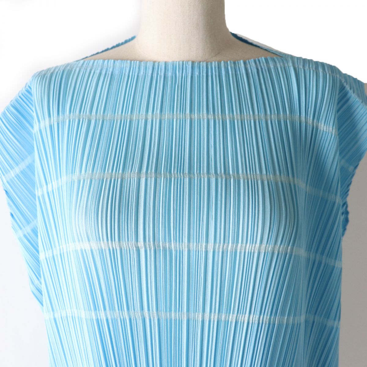 Issey Miyake Pleated Boat Neck Dress Light Blue