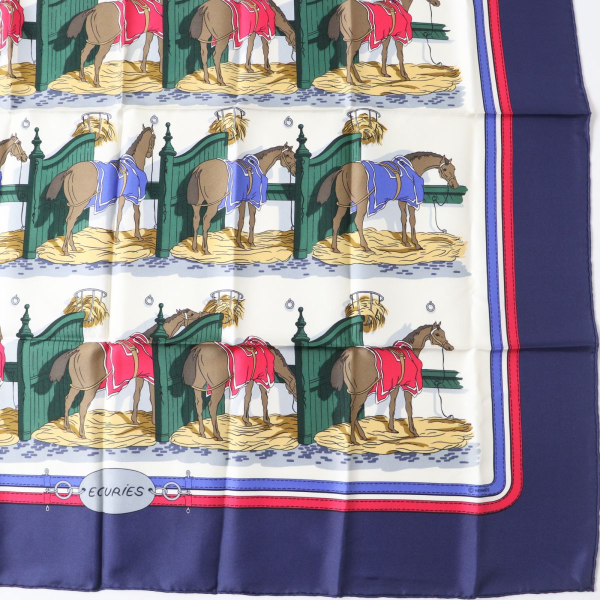 HERMES Carr 90 ECURIES Silk Scarf Navy