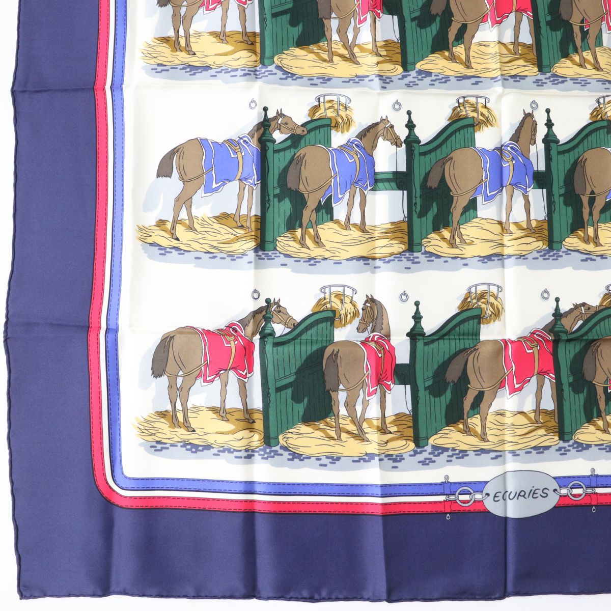 HERMES Carr 90 ECURIES Silk Scarf Navy