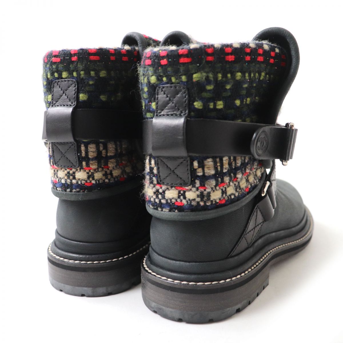 Chanel Tweed Leather Boots Black Multi-Color