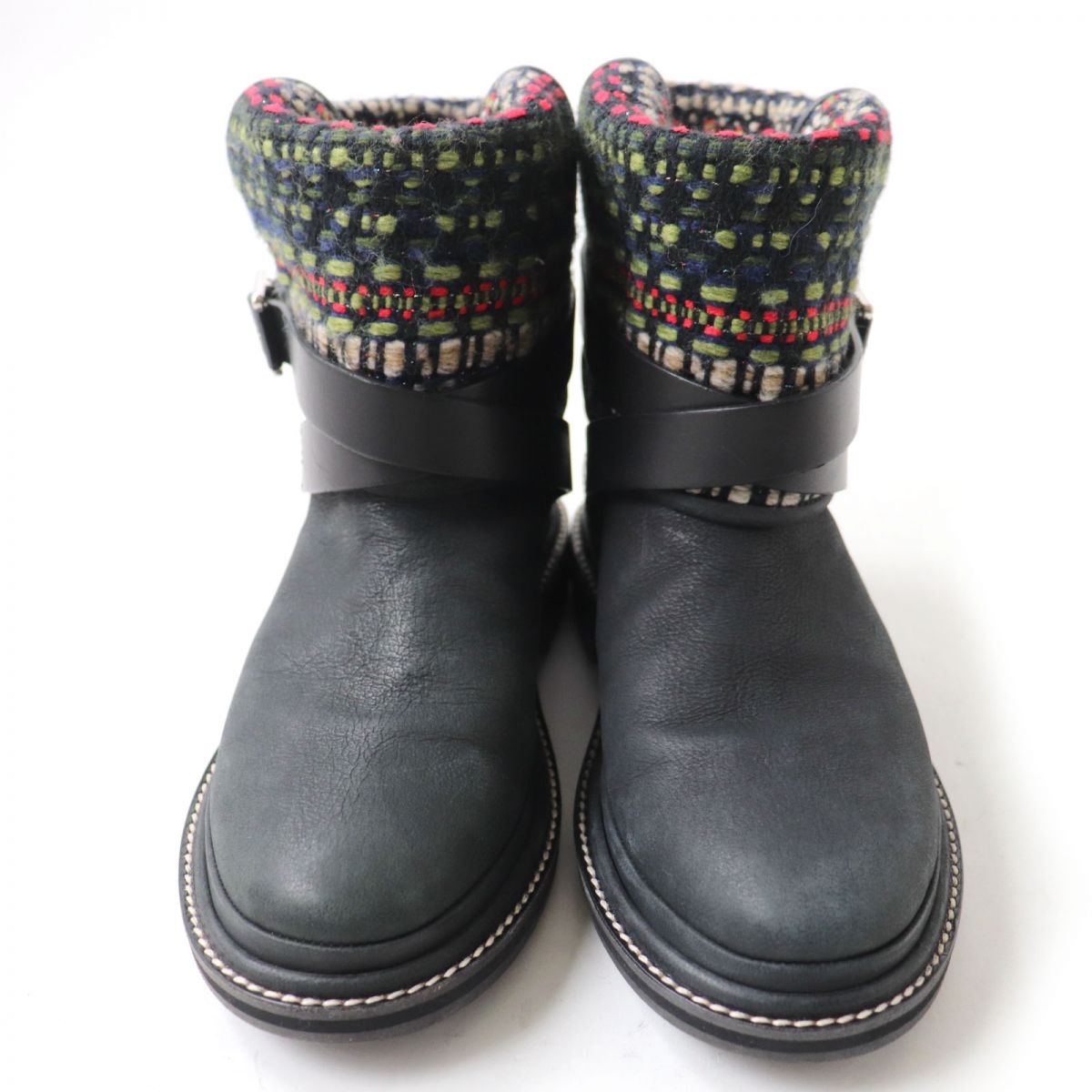 Chanel Tweed Leather Boots Black Multi-Color