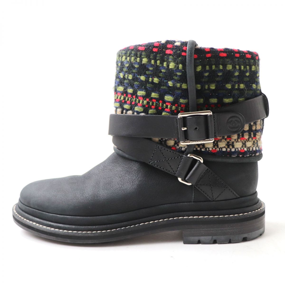 Chanel Tweed Leather Boots Black Multi-Color