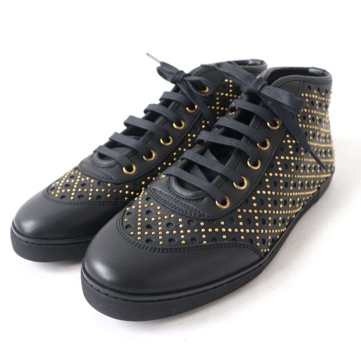 Gucci Diamante Studded Leather Sneakers, Black/Gold