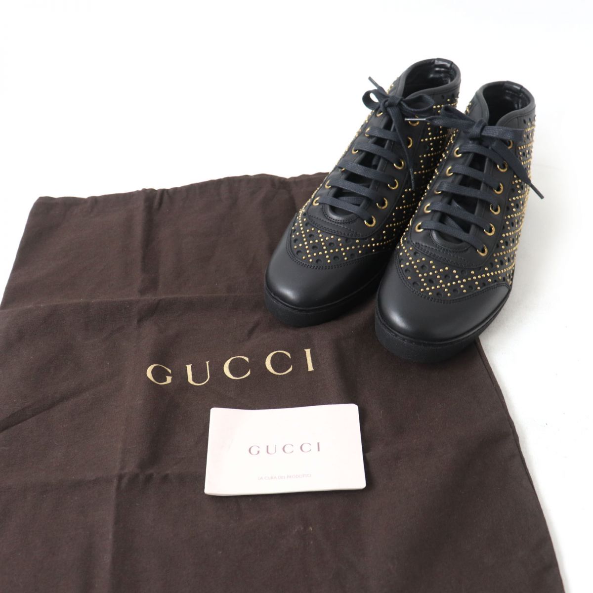 Gucci Diamante Studded Leather Sneakers, Black/Gold