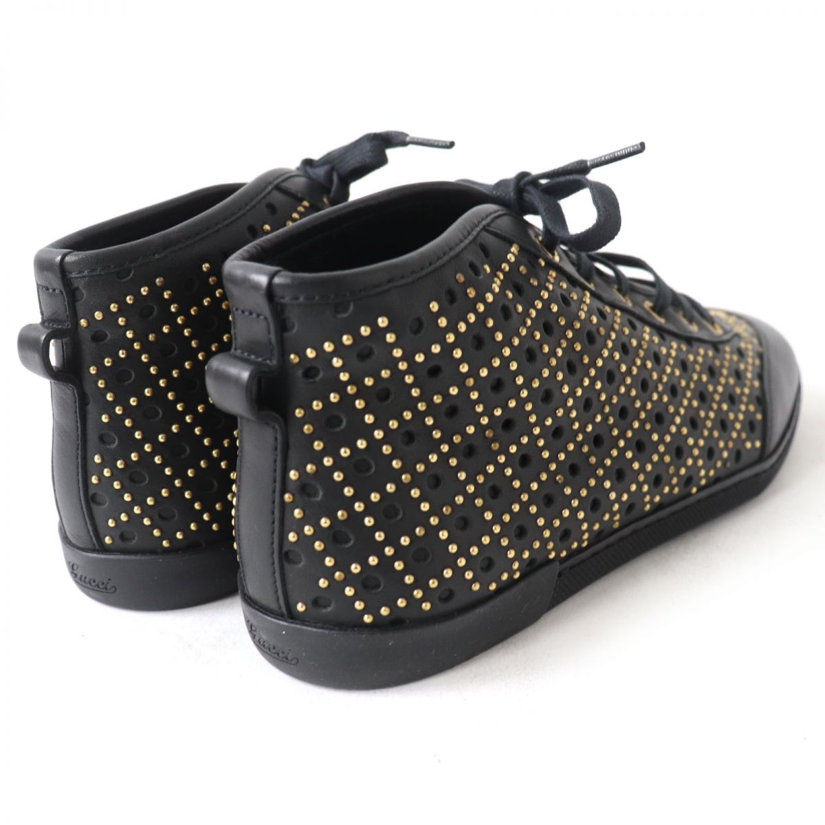 Gucci Diamante Studded Leather Sneakers, Black/Gold