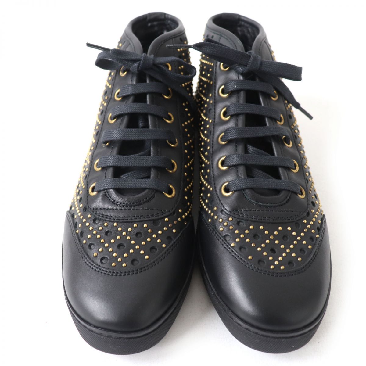 Gucci Diamante Studded Leather Sneakers, Black/Gold