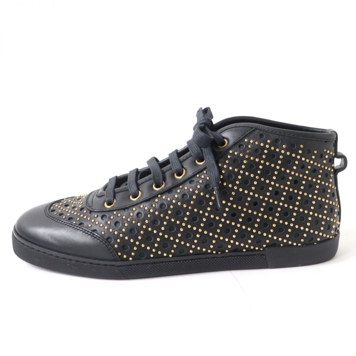 Gucci Diamante Studded Leather Sneakers, Black/Gold