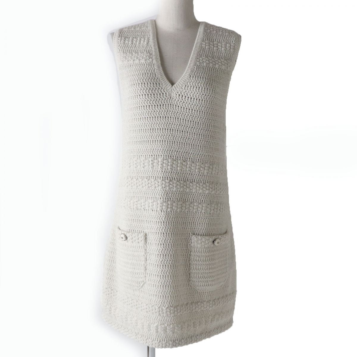 Chanel V-neck Knit Dress Ivory 38