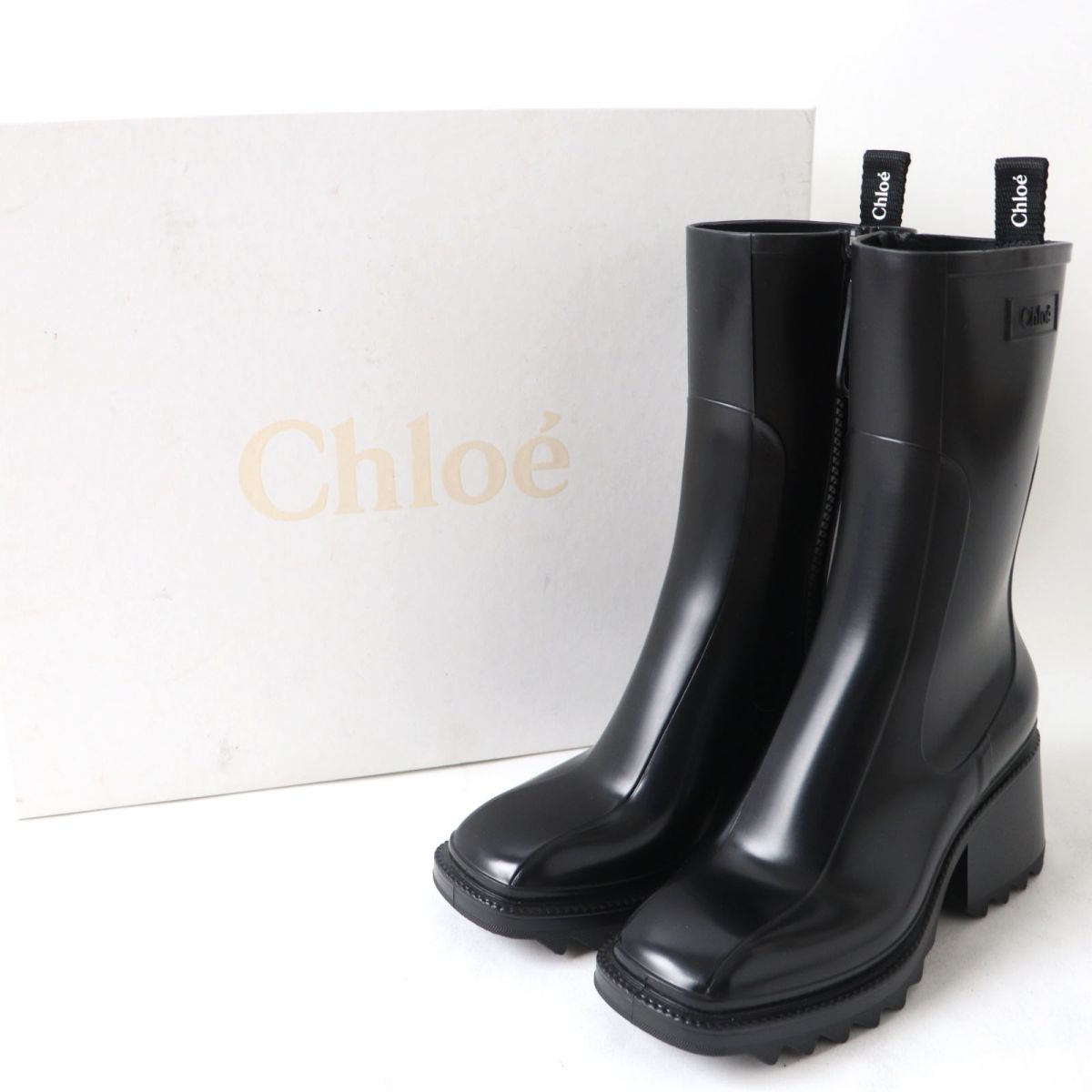 Chloe BETTY Logo Side Zip Rubber Rain Boots Black