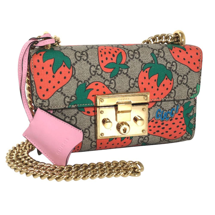 Gucci Small GG Supreme Strawberry Padlock Shoulder Bag Canvas Shoulder Bag 409487