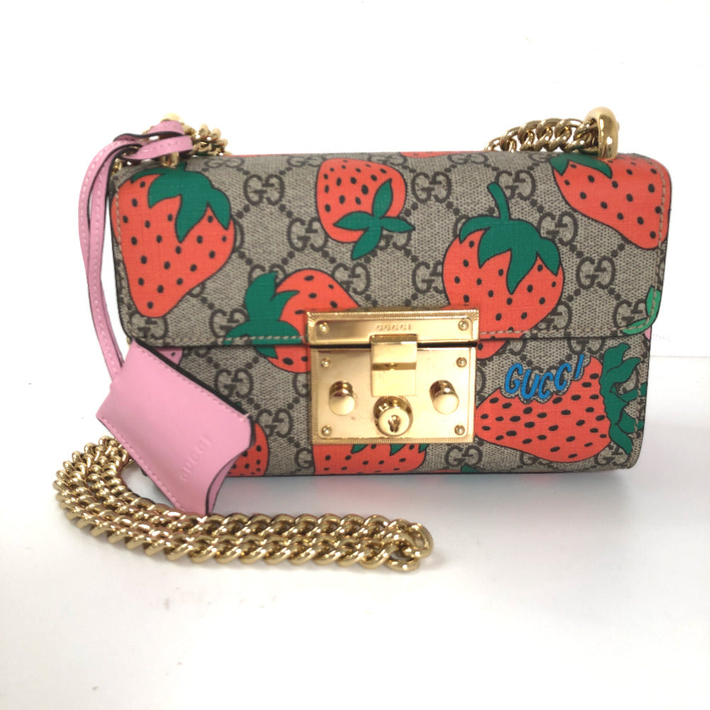 Gucci Small GG Supreme Strawberry Padlock Shoulder Bag Canvas Shoulder Bag 409487