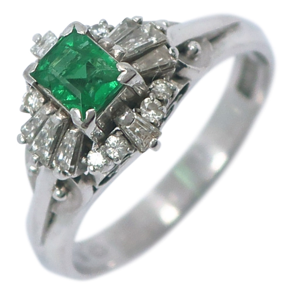 Pt900 Platinum Emerald Diamond Ring