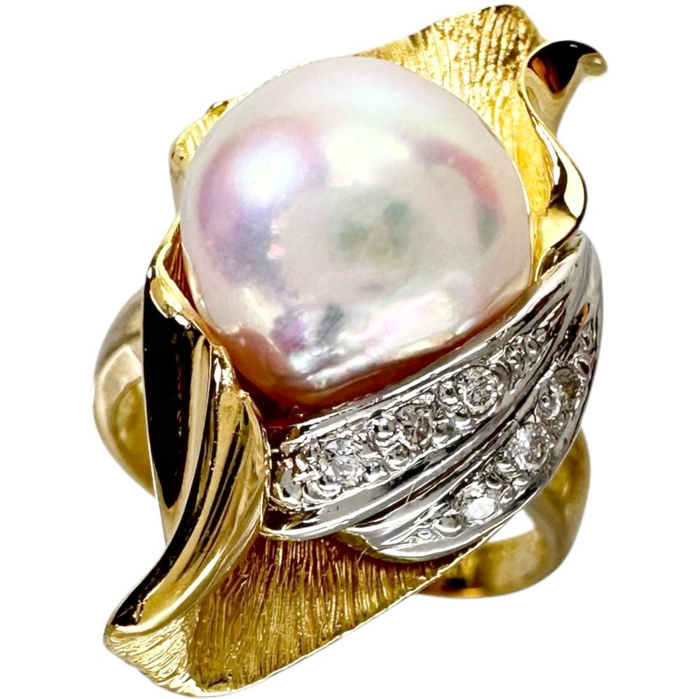 K18 Gold Pearl Diamond Ring for Women