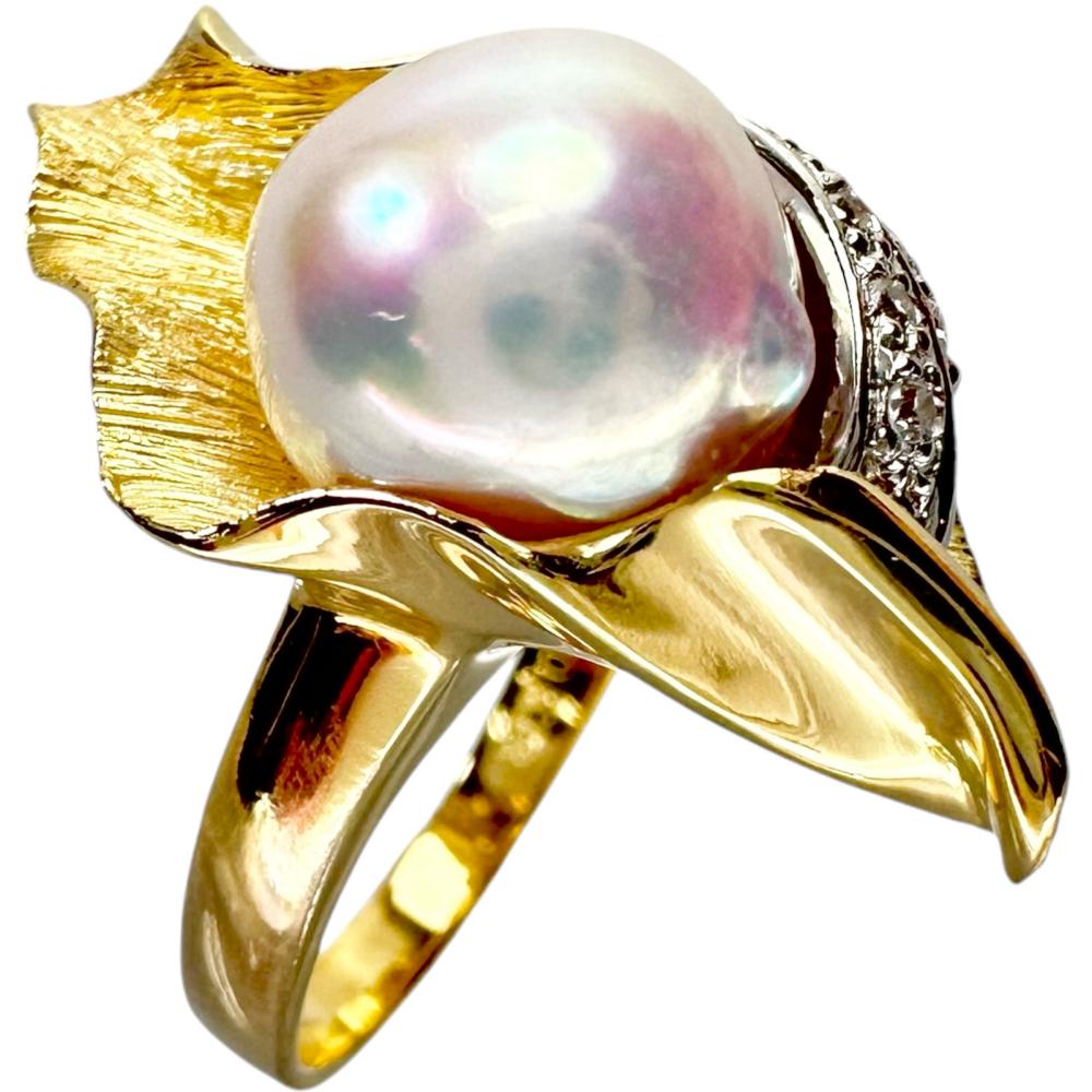 K18 Gold Pearl Diamond Ring for Women