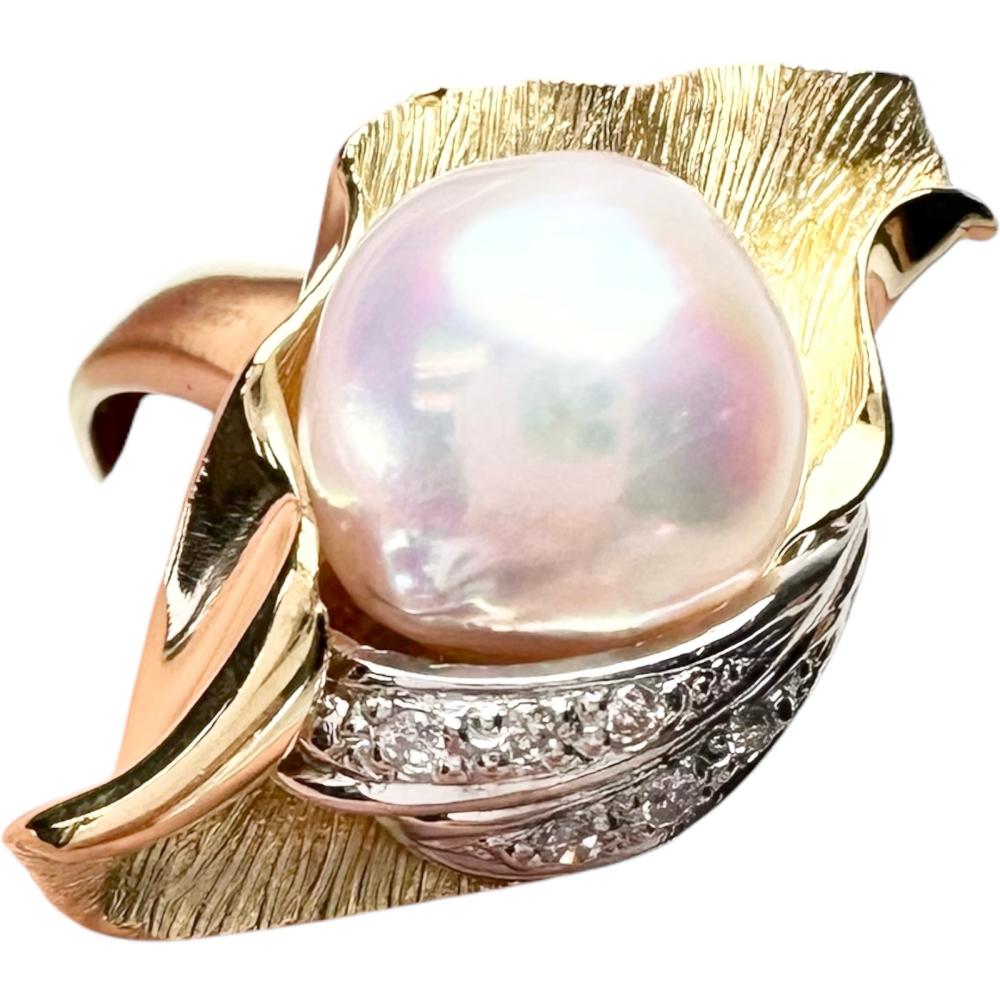 K18 Gold Pearl Diamond Ring for Women