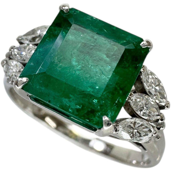 Pt900 Platinum Emerald Diamond Ring