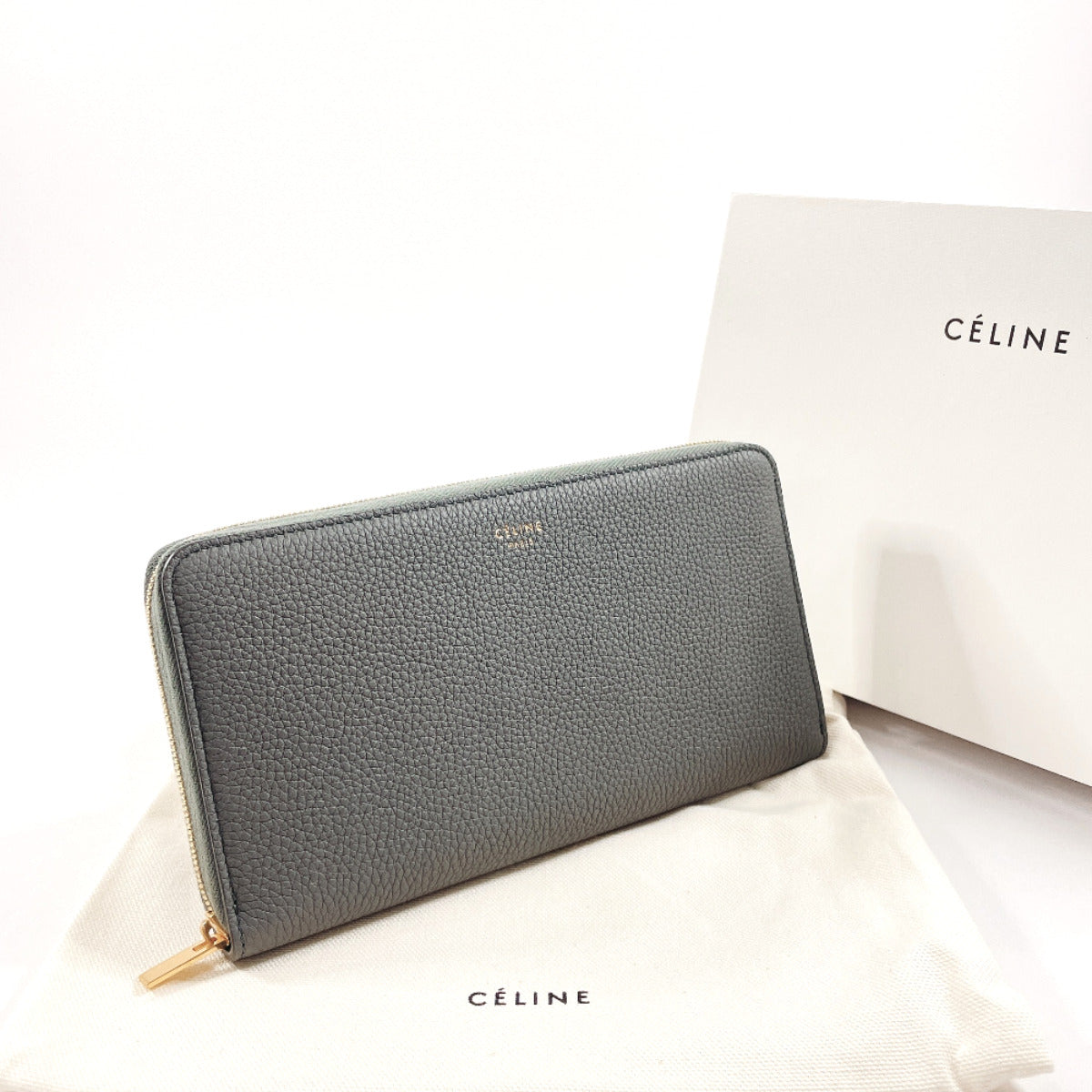 Celine Large Zip Leather Wallet Grey