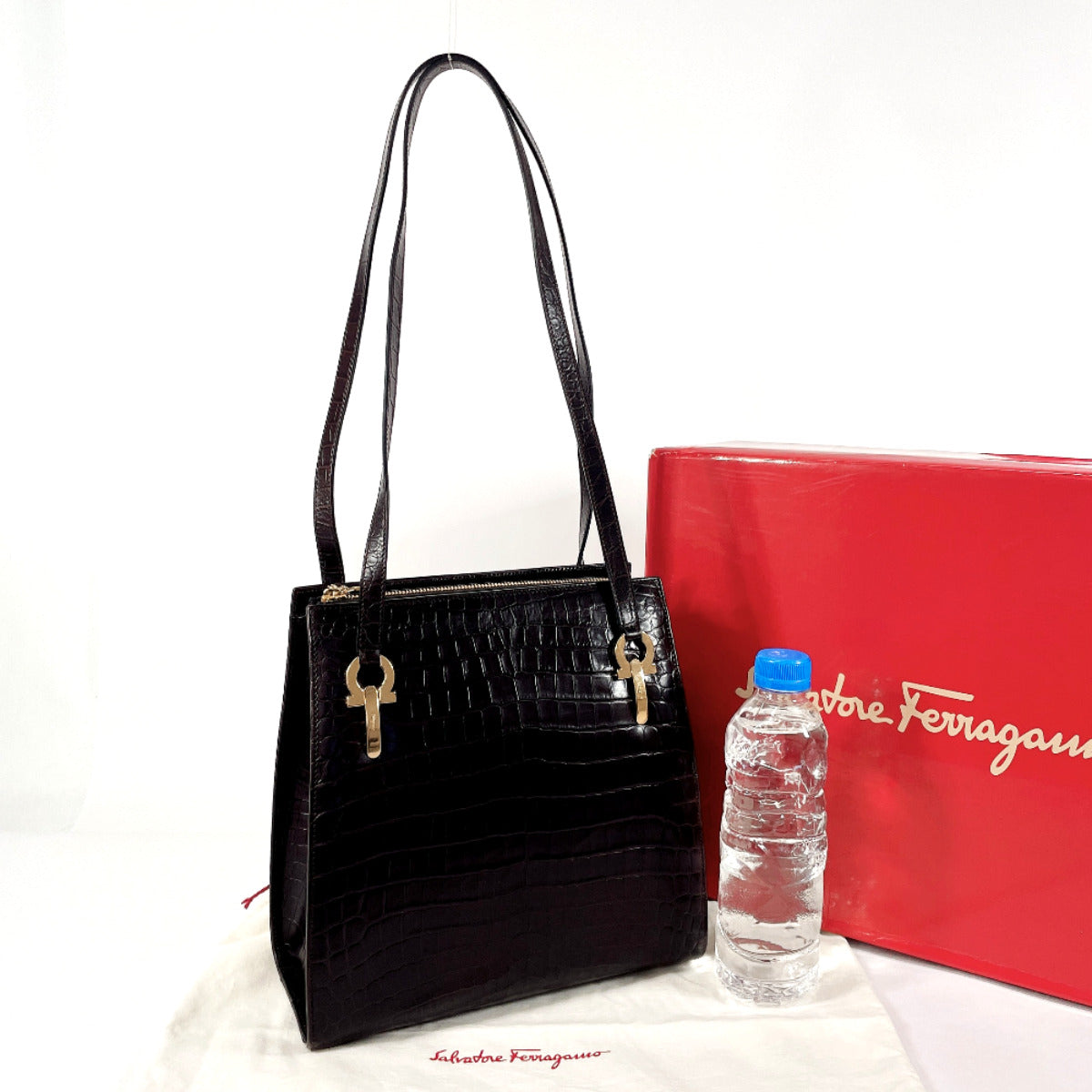 Salvatore Ferragamo Leather Gancini Croc Embossed Shoulder Bag