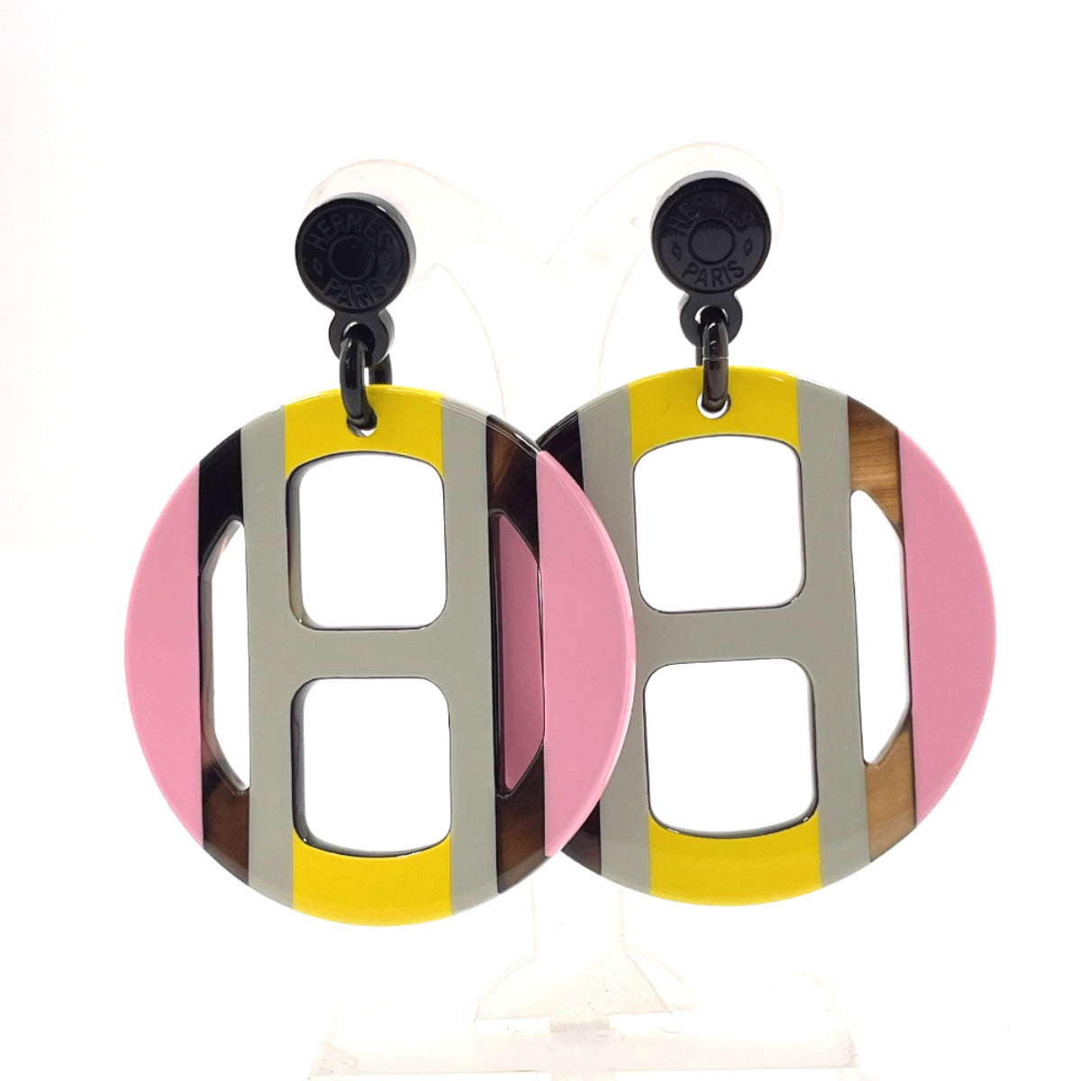 HERMES H Equip Earrings Buffalo Horn Metal