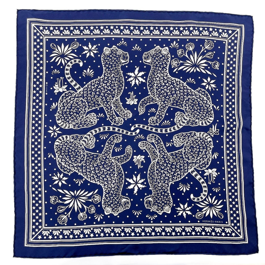 Hermes Silk Scarf Les Leopards Navy