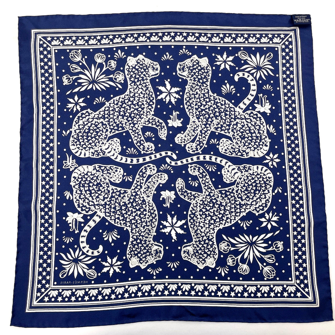 Hermes Silk Scarf Les Leopards Navy