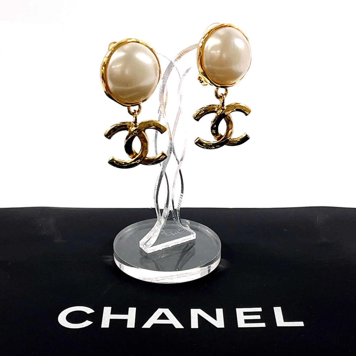 Chanel Coco Mark Earrings Gold Pearl