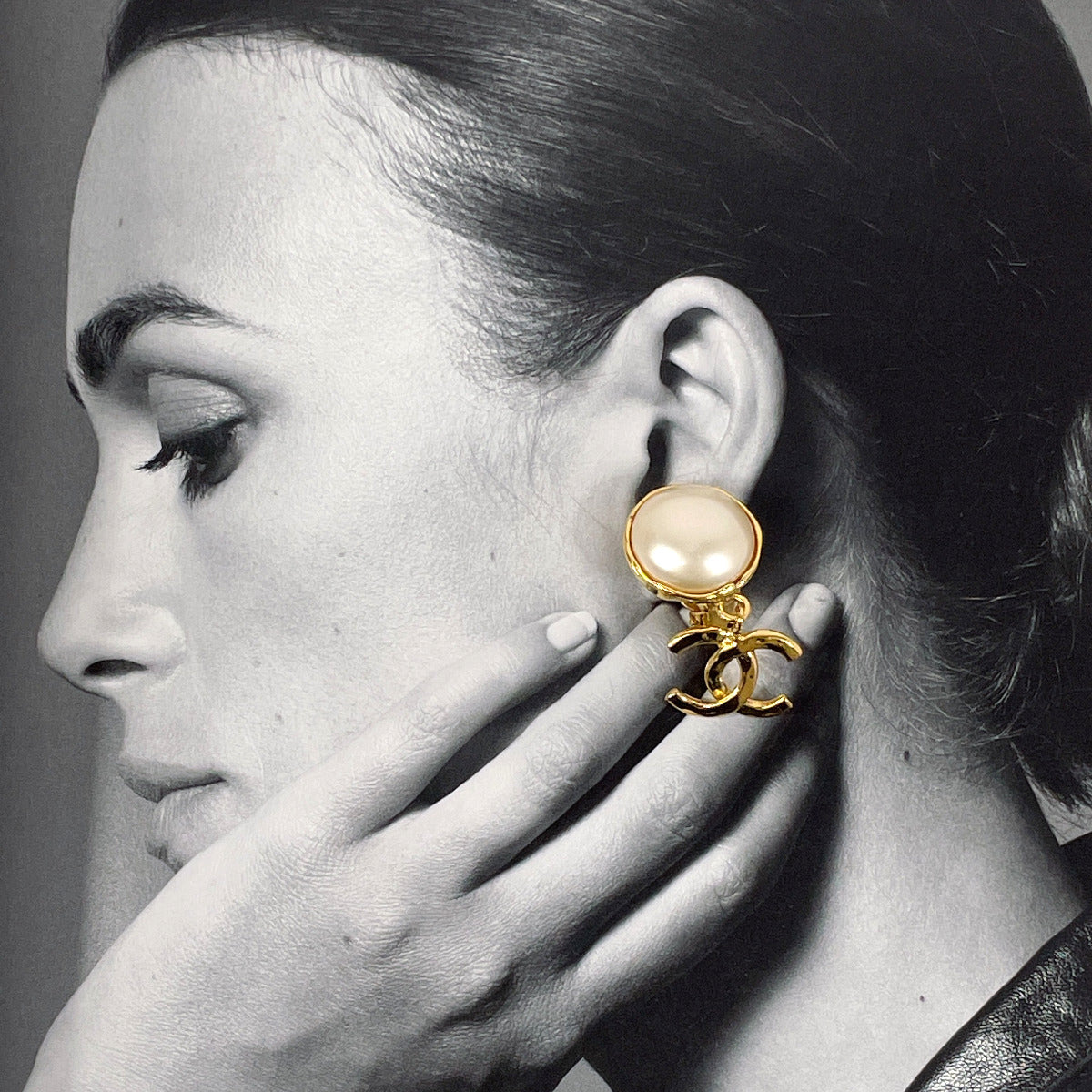 Chanel Coco Mark Earrings Gold Pearl