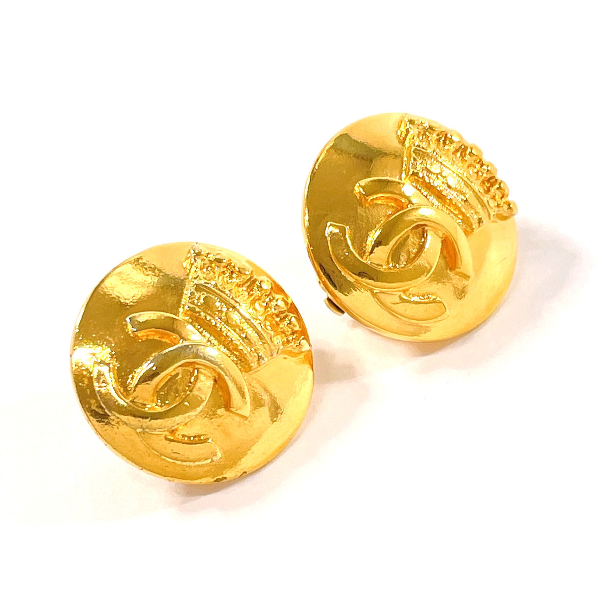 Chanel Vintage Crown Motif Earrings Gold